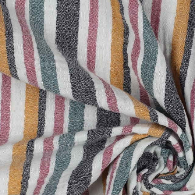 Double Gauze with vertical stripes - Blue/Pink/Ochre