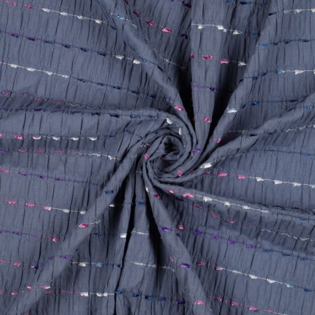 Crinkle Cotton with Dobby Stripe - Denim Blue