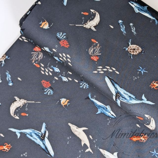 Cotton Poplin - ocean animals on dark navy 