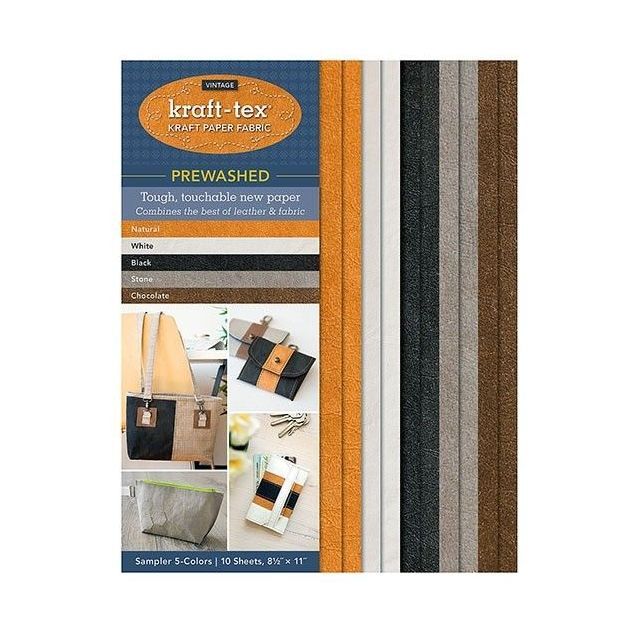 Kraft-Tex Vintage Kraft Paper Fabric Sampler with 5 Pre-Washed Colors, 10 Sheets, 8.5" x 11”, Natural, White, Black, Stone & Chocolate