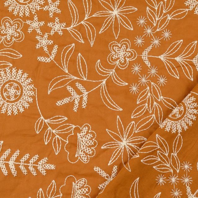 Embroidered Cotton Poplin - White Floral on Cognac Brown