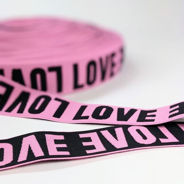 "Soft Touch" Elastic 40mm - "Love" Pink with Black 2 Sided
