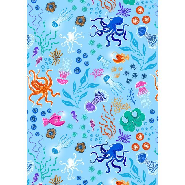 Ocean Glow by Lewis and Irene - Under the sea on light blue with glow in the dark elements - 100% Cotton (Per 1/2m)