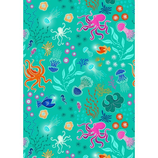 Ocean Glow by Lewis and Irene - Under the sea on sea green with glow in the dark elements - 100% Cotton (Per 1/2m)