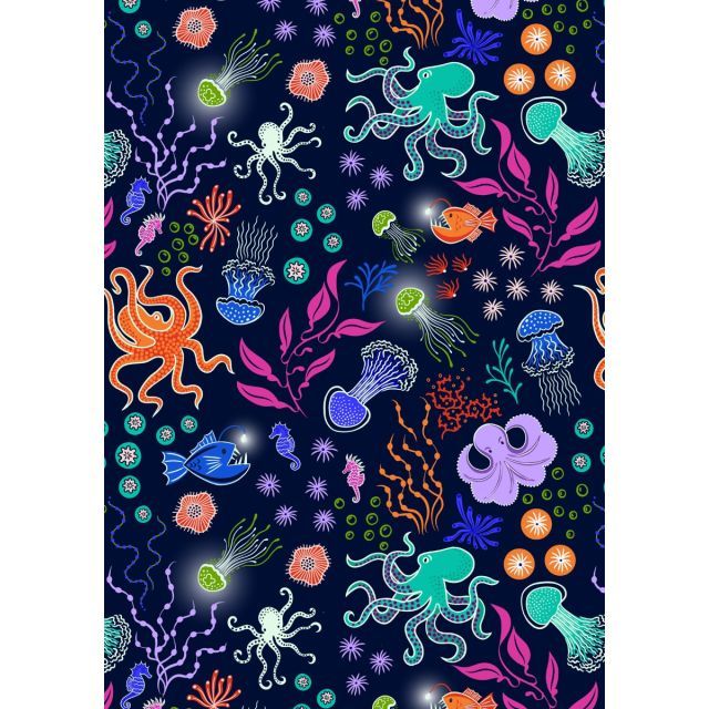 Ocean Glow by Lewis and Irene - Under the sea on dark blue with glow in the dark elements - 100% Cotton (Per 1/2m)