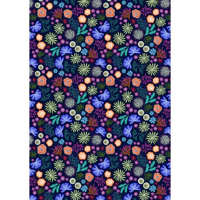 Ocean Glow by Lewis and Irene - Coral on dark blue with glow in the dark elements - 100% Cotton (Per 1/2m)