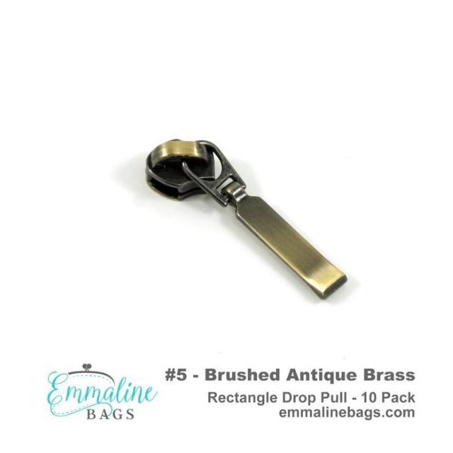 Emmaline Zipper Sliders with Pulls (10-pack) - Size #5 - Brushed Antique Brass / Rectangle Drop Pull