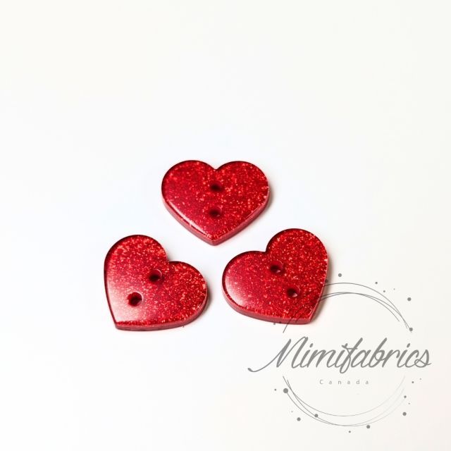 18 mm Resin Button - Red Heart with Glitter - 2 Holes - 1pcs