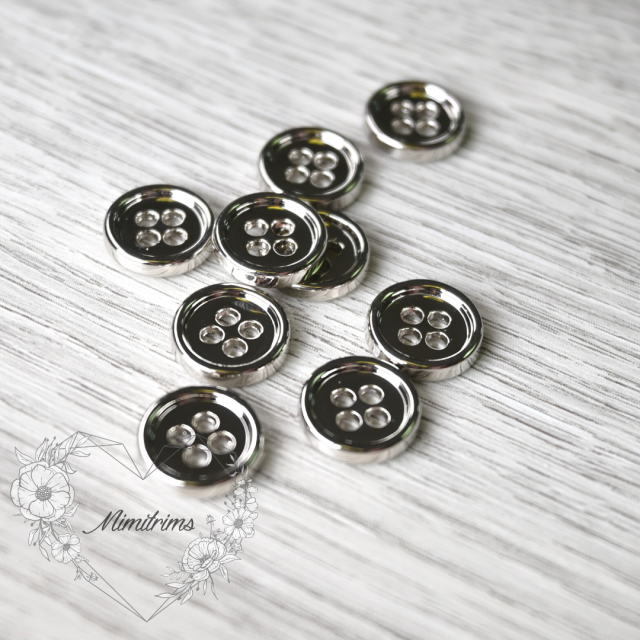 11 mm Chrome Finish Button - Round Silver Metal - 4 Hole (1 pcs)