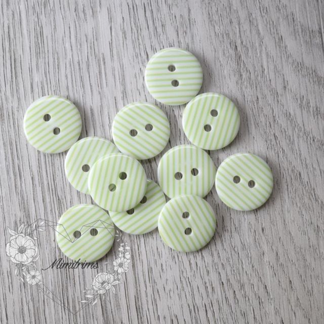 15 mm Plastic Button - Green Stripes on White - 2 Hole (1 pcs)