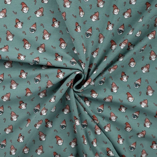 Gnome Faces and Candy Canes and Dark Mint - Cotton Jersey