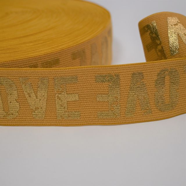 "Soft Touch" Elastic 40mm - LOVE Ochre with Gold Letters