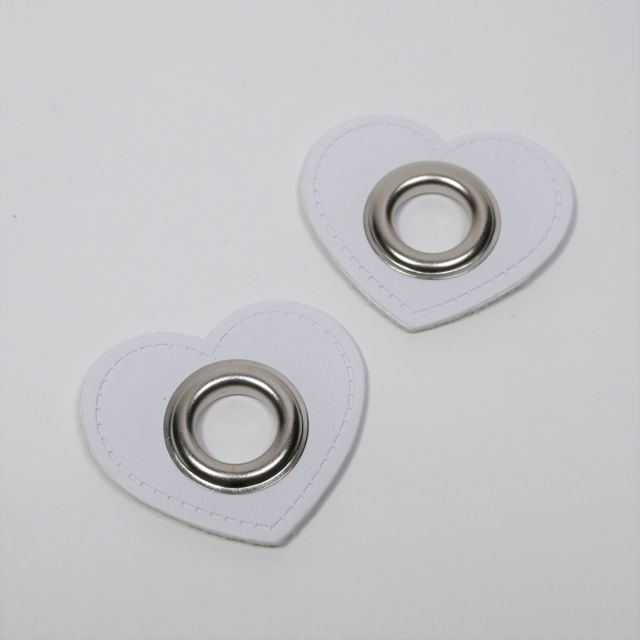  XL Eyelet Patches - White Faux Leather Hearts - Silver (Set of 2)