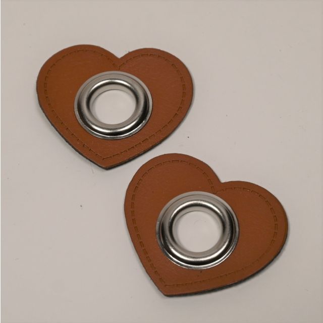  XL Eyelet Patches - Brown Faux Leather Hearts - Silver (Set of 2)