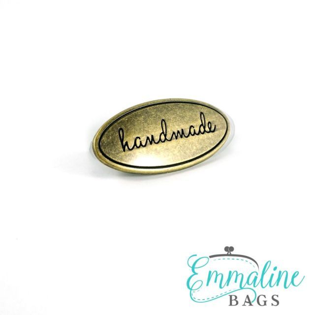 Oval Metal Bag Label -  "Handmade" - Antique Brass