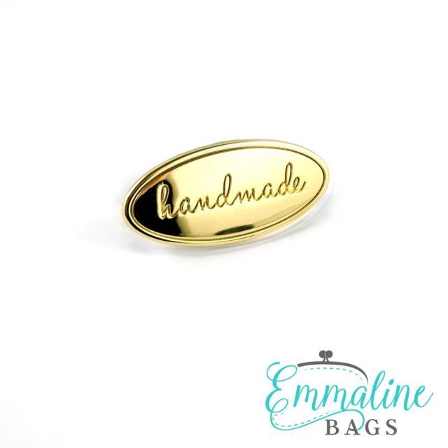 Oval Metal Bag Label -  "Handmade" - Gold