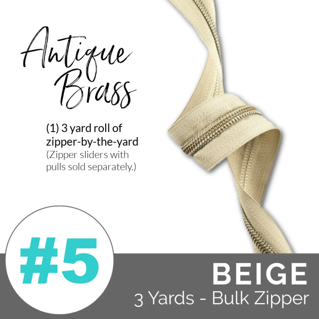 Emmaline Zippers (3 yard pack) - Size #5 - Beige Tape  / Antique Brass Coil