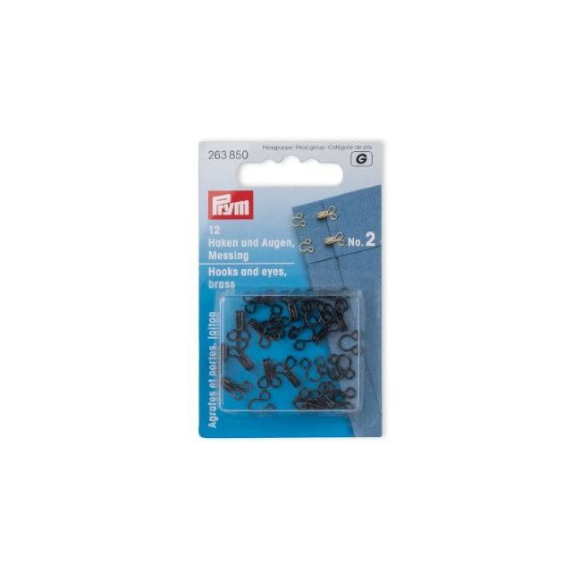 PRYM - Hooks And Eyes, Brass, Black-Coloured, No.2 medium - 12 Pieces