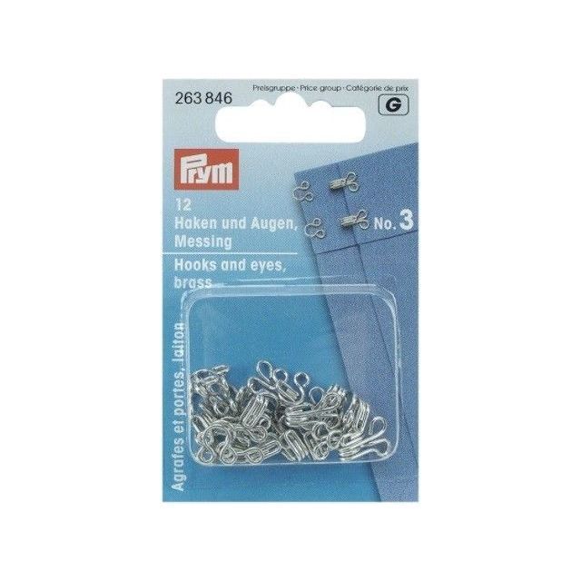 PRYM - Hooks And Eyes, Brass, Silver-Coloured, No.3 Large - 12 Pieces