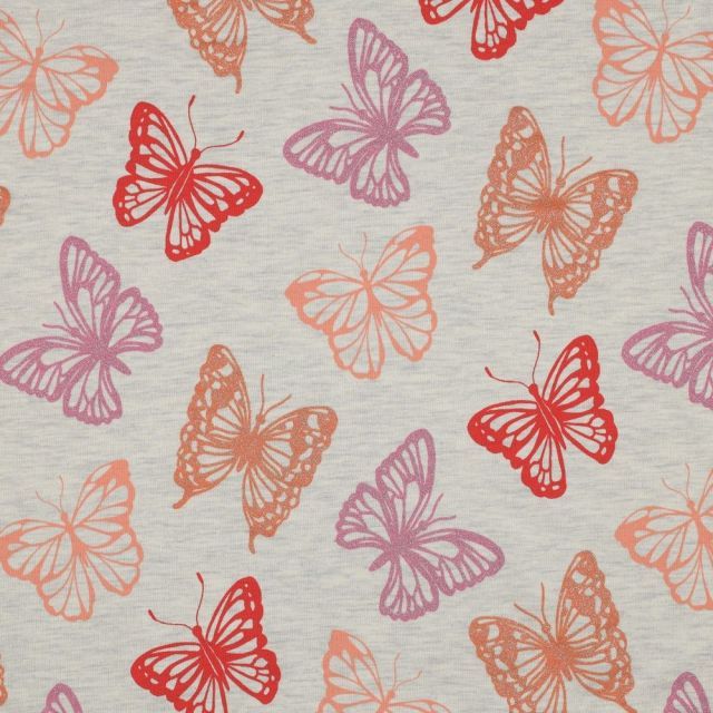 Glitter Butterflies - Jersey Knit Fabric - Ecru Melange