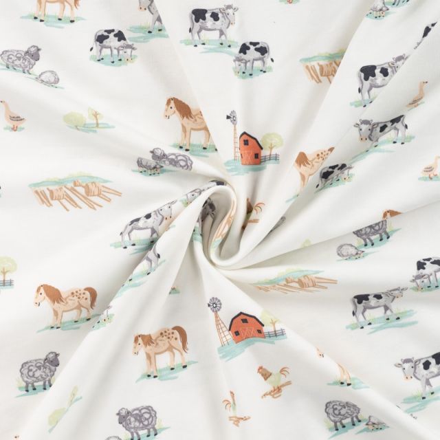 Farm Buildings and Farm Animals on Light Background - Cotton Jersey Fabric