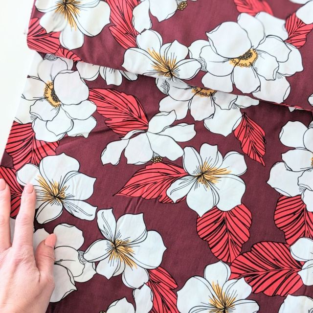 Viscose Challis Paradise Blossoms on Burgundy