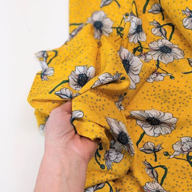 White Flowers on Yellow "Vanessa" - Rayon Challis