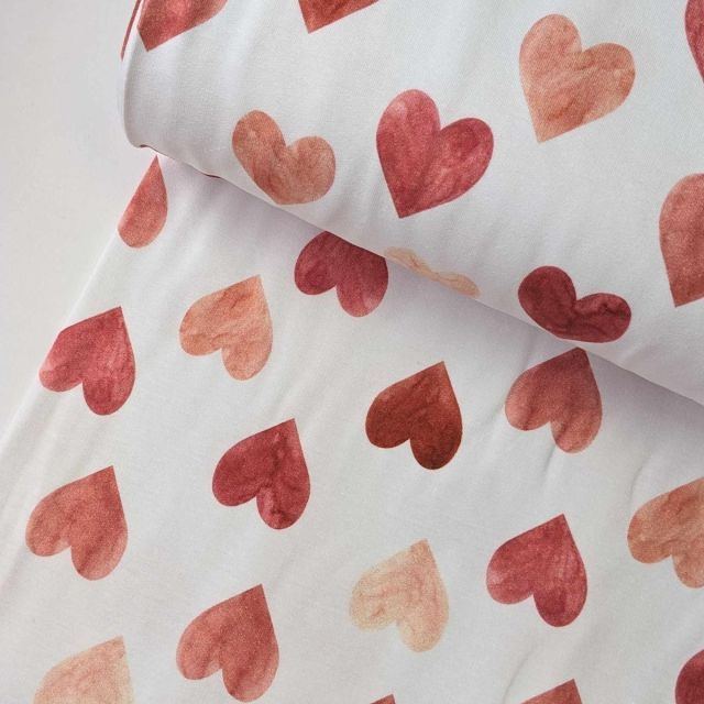 Watercolor Hearts - White/Red  - French Terry
