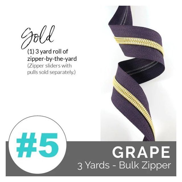 Emmaline Zippers (3 yard pack) - Size #5 - Grape Tape  / Light Gold Coil