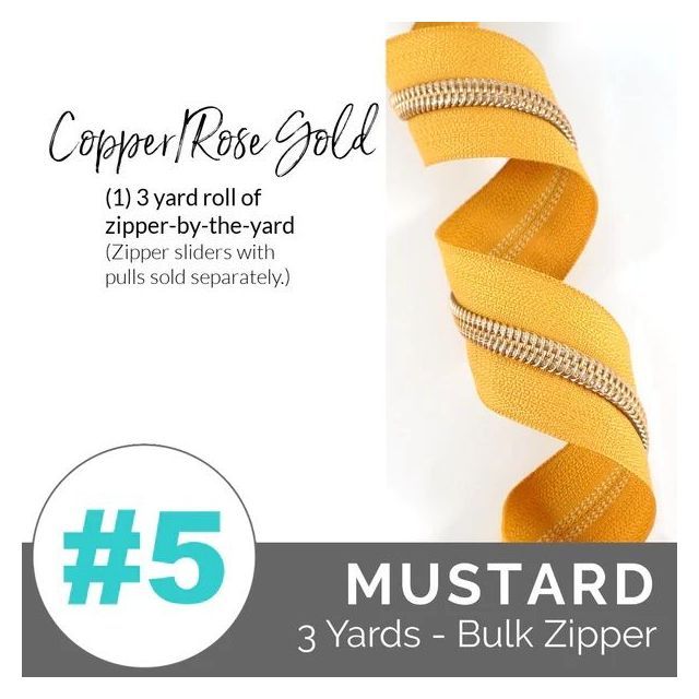 Emmaline Zippers (3 yard pack) - Size #5 - Mustard Tape  / Rose Gold (Copper) Coil