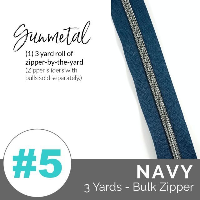 Emmaline Zippers (3 yard pack) - Size #5 - Navy Tape  / Gunmetal Coil