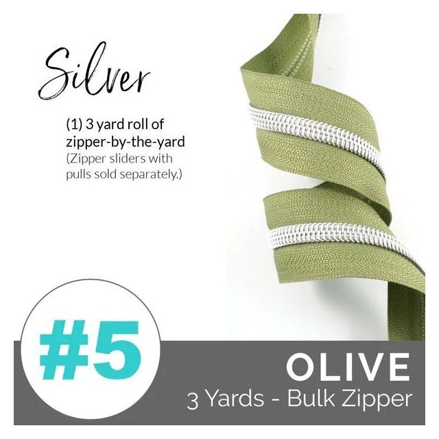 Emmaline Zippers (3 yard pack) - Size #5 - Olive Tape  / Silver Coil