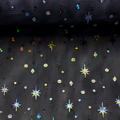 BOLT END - 100 CM - Tulle "Elsa" with Holo Foil Stars - Black