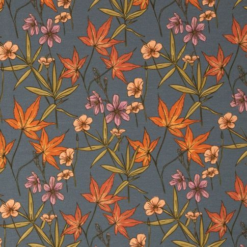BOLT END - 145 CM - Autumn Flowers on Modal/Cotton French terry - Teal